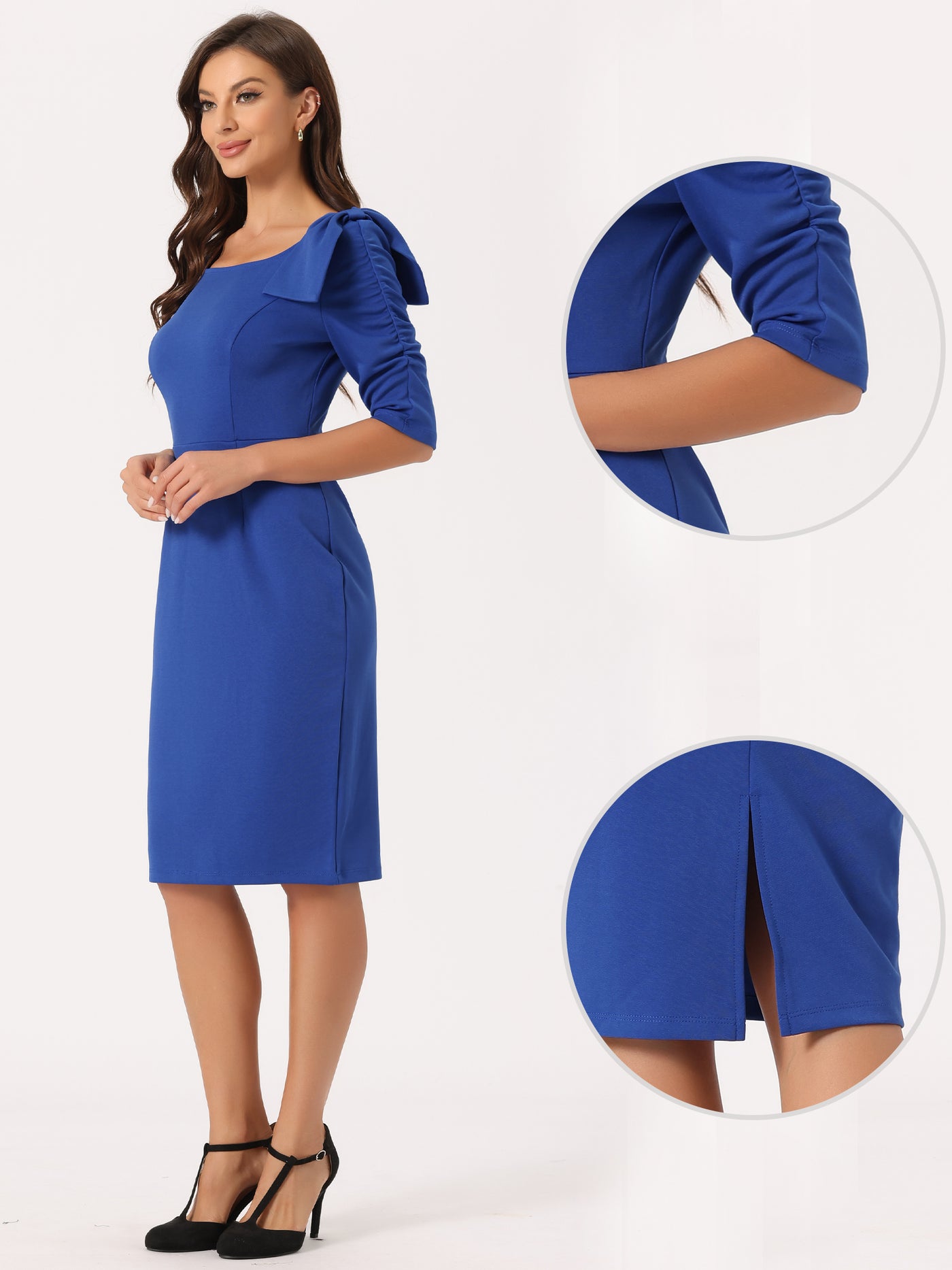 Allegra K Business Casual Square Neck 3/4 Sleeve Bodycon Bow Ruffle Dress