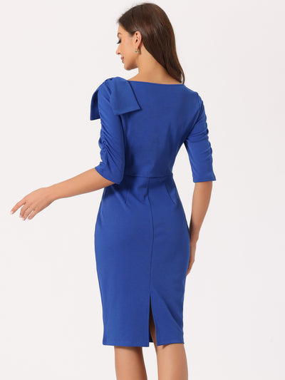 Business Casual Square Neck 3/4 Sleeve Bodycon Bow Ruffle Dress