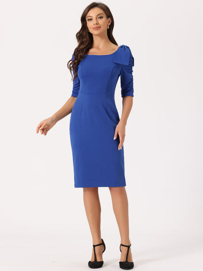Business Casual Square Neck 3/4 Sleeve Bodycon Bow Ruffle Dress