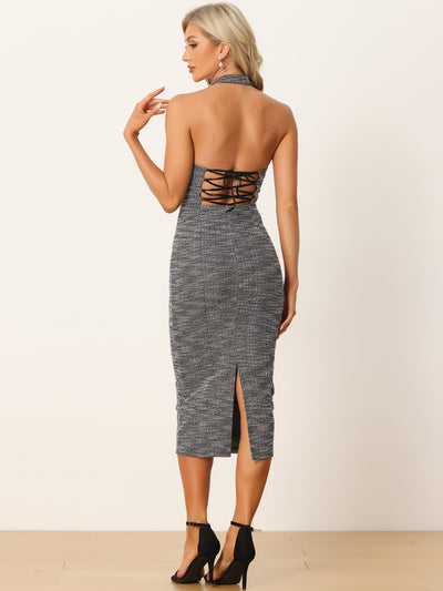 Sleeveless Tweed Halter Neck Lace Up Backless Pencil Dresses