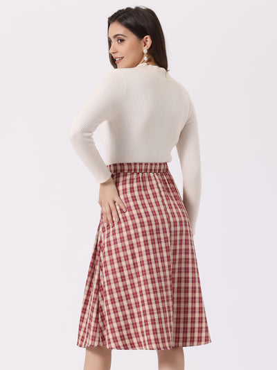 Vintage Plaid High Waist Pleated A-Line Midi Skirt