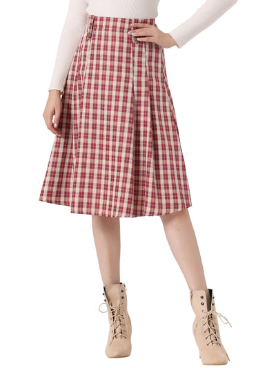 Vintage Plaid High Waist Pleated A-Line Midi Skirt