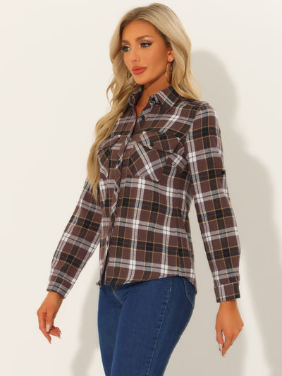 Roll Up Long Sleeve Christmas Button Down Plaid Flannel Shirt Top