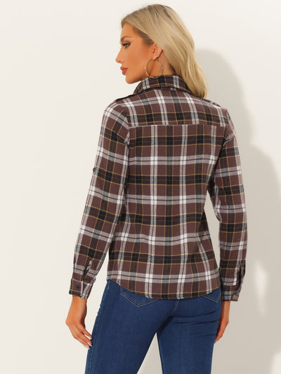 Roll Up Long Sleeve Christmas Button Down Plaid Flannel Shirt Top