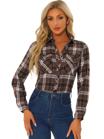 Roll Up Long Sleeve Christmas Button Down Plaid Flannel Shirt Top