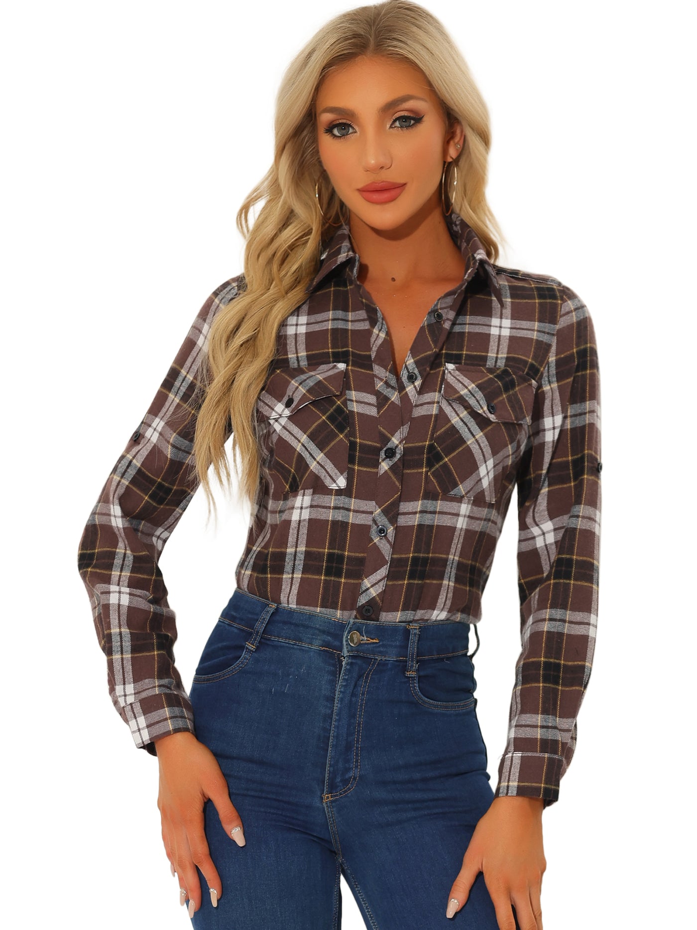 Allegra K Roll Up Long Sleeve Christmas Button Down Plaid Flannel Shirt Top