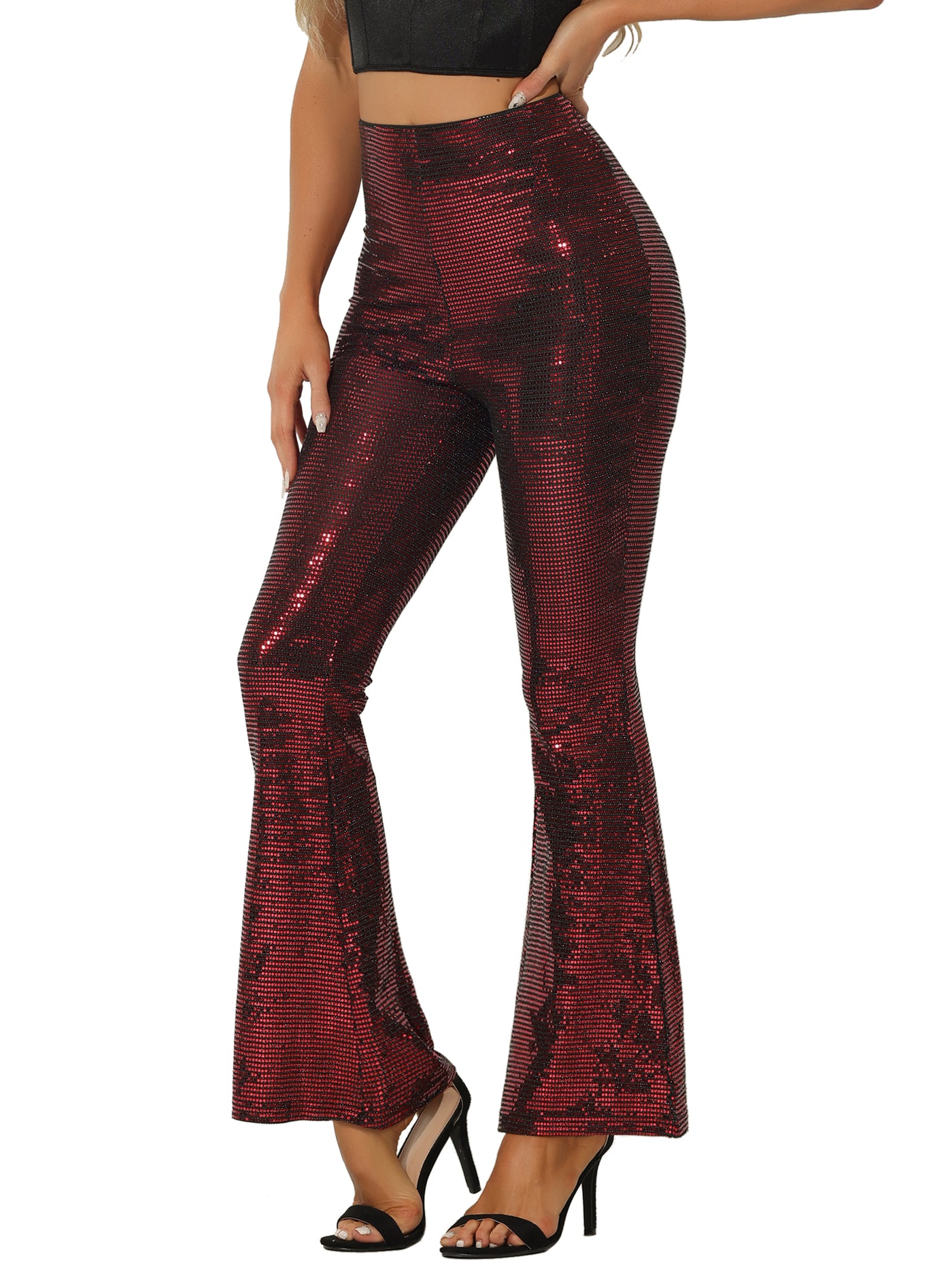 Allegra K Sequin Glitter Sparkle Bell Bottoms Stretch Shiny Flare Pants