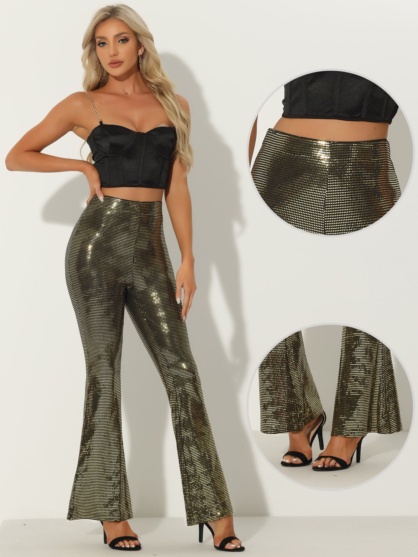 Allegra K Sequin Glitter Sparkle Bell Bottoms Stretch Shiny Flare Pants