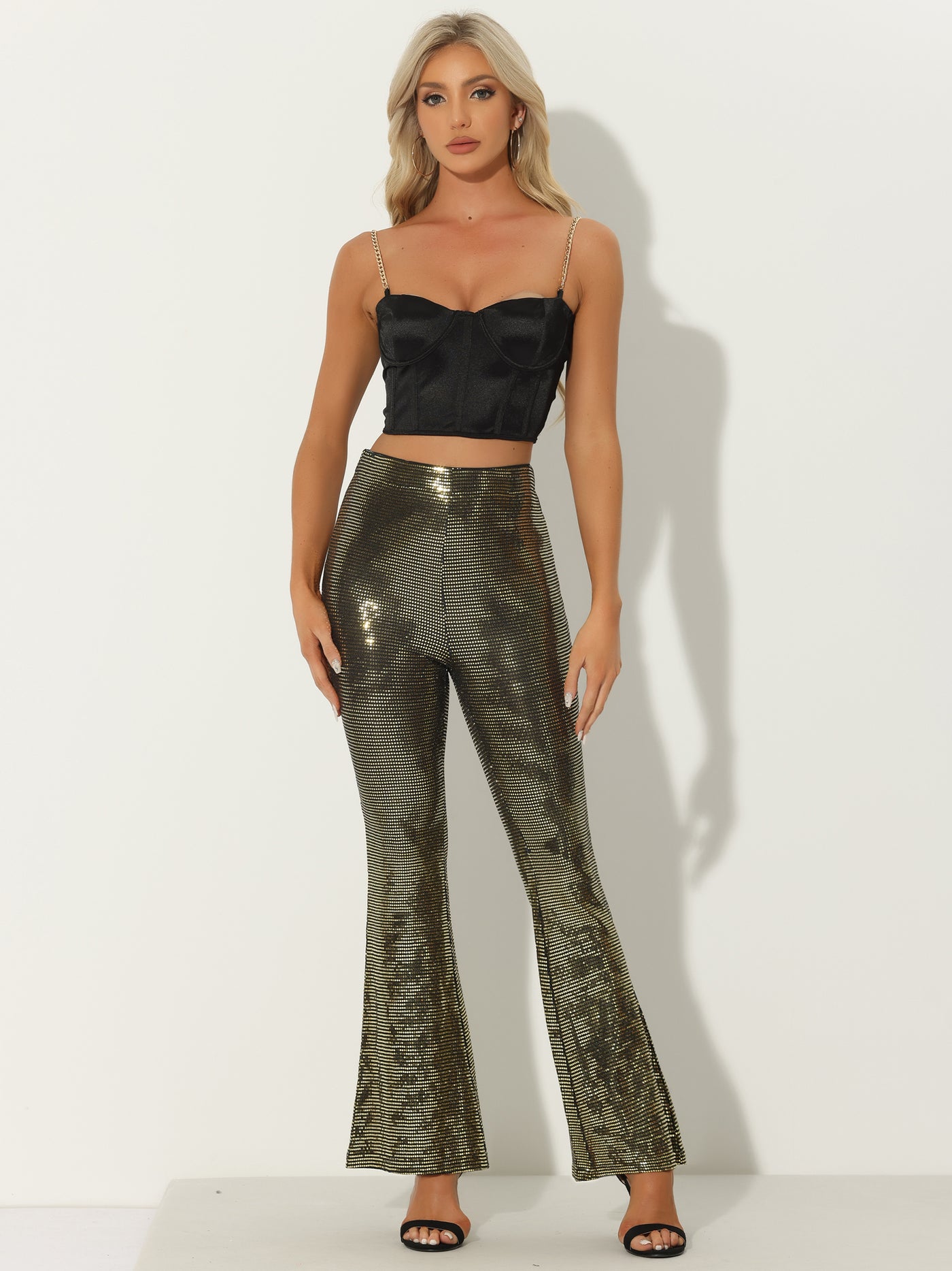 Allegra K Sequin Glitter Sparkle Bell Bottoms Stretch Shiny Flare Pants