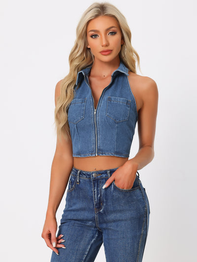 Halter Denim Zipper Up Collared Sleeveless Jean Corset Crop Top