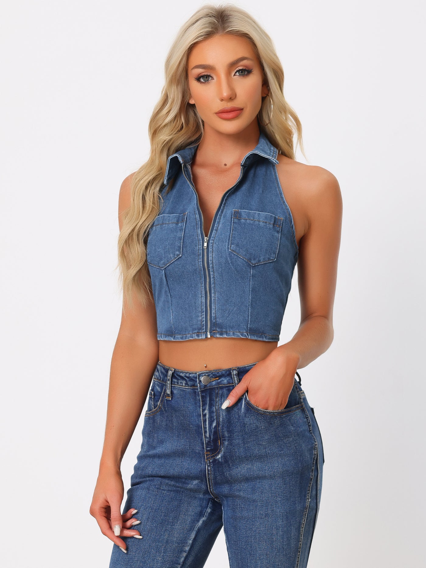 Allegra K Halter Denim Zipper Up Collared Sleeveless Jean Corset Crop Top