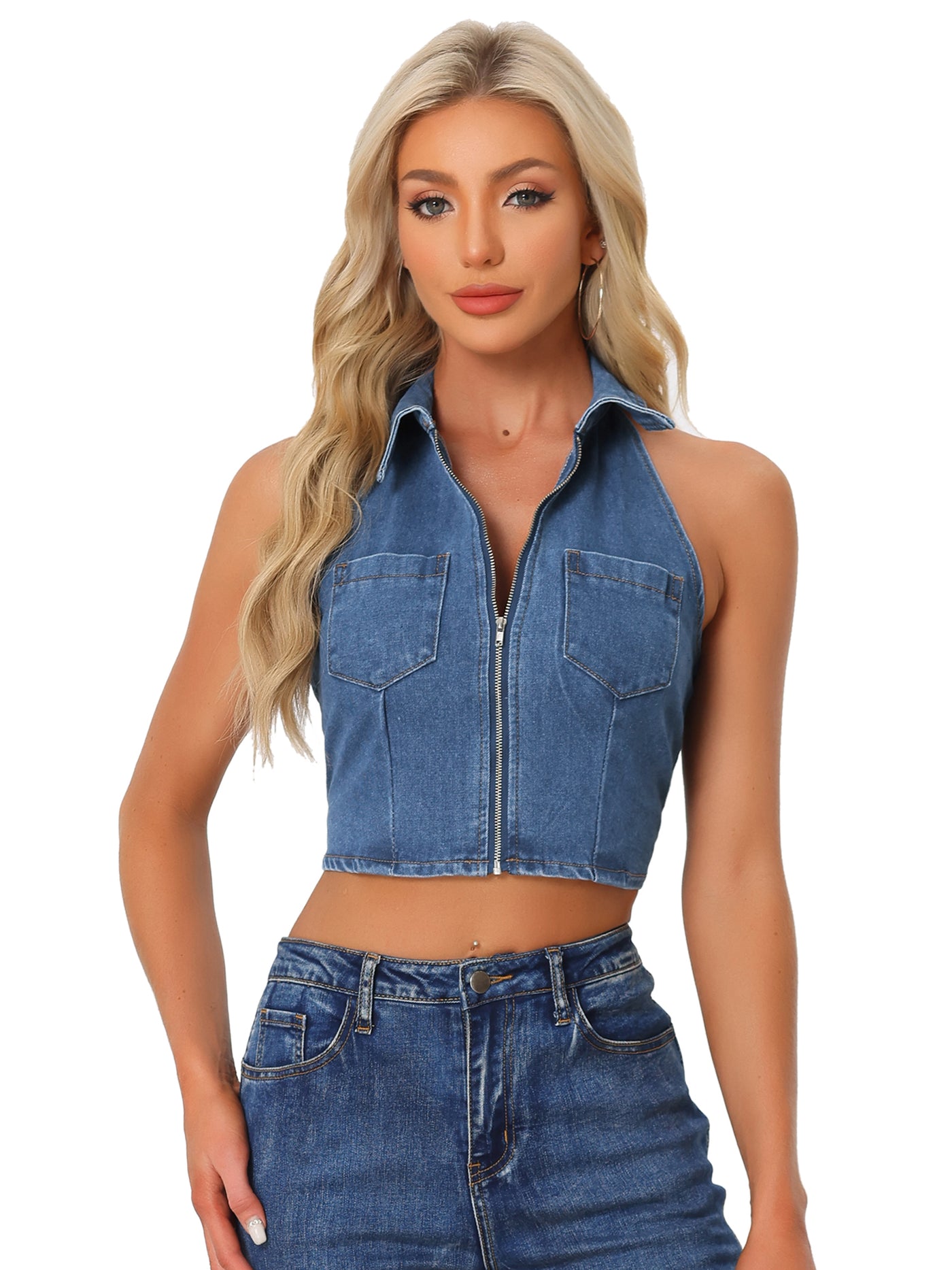 Allegra K Halter Denim Zipper Up Collared Sleeveless Jean Corset Crop Top