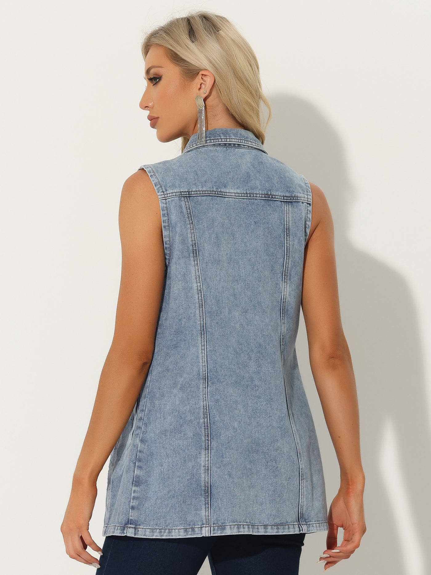 Allegra K Casual Button Down Waistcoat Sleeveless Mid Long Denim Vest