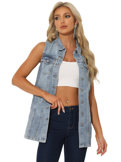 Casual Button Down Waistcoat Sleeveless Mid Long Denim Vest