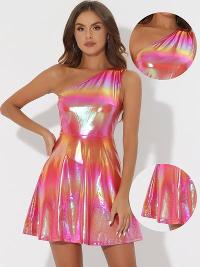 Metallic Sleeveless One Shoulder Party Disco Holographic Dress