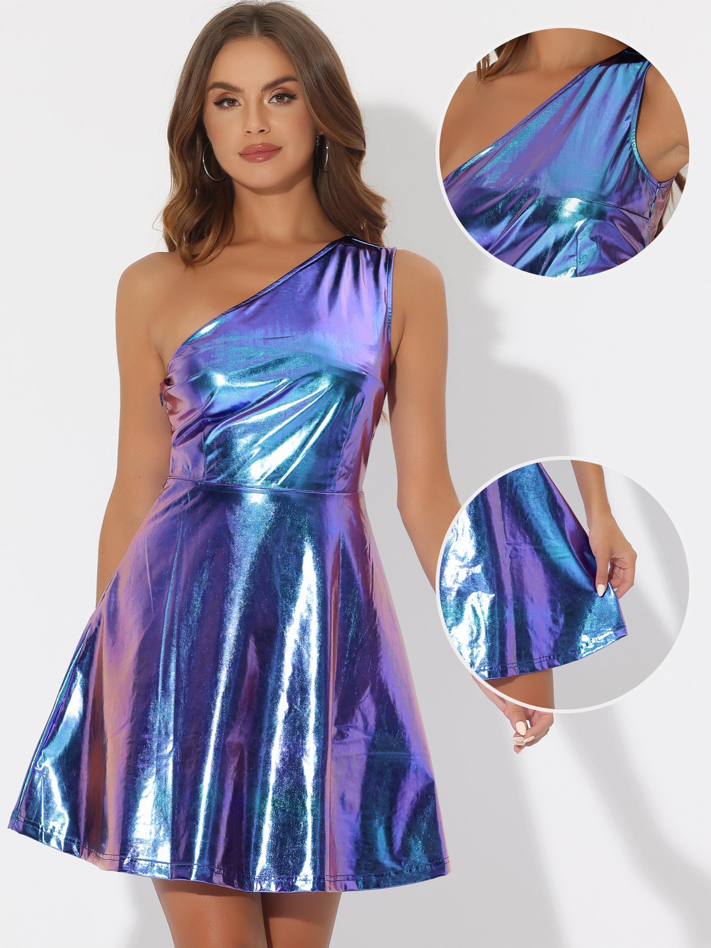 Allegra K Metallic Sleeveless One Shoulder Party Disco Holographic Dress