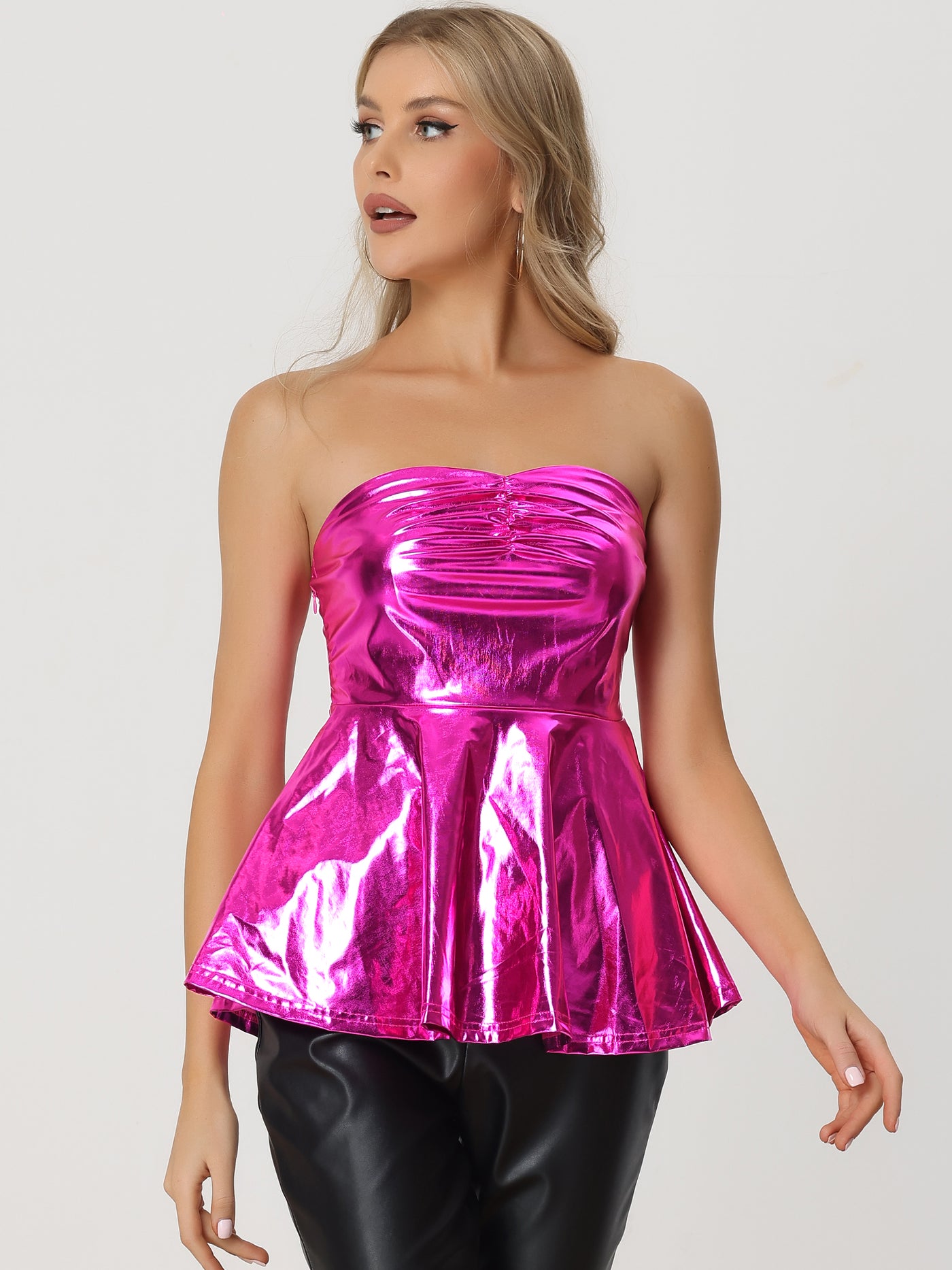 Allegra K Strapless Tube Top Shiny Metallic Party Clubwear Peplum Blouse