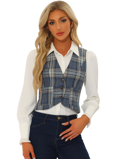 Retro Plaid V Neck Single Breasted Sleeveless Racerback Waistcoat