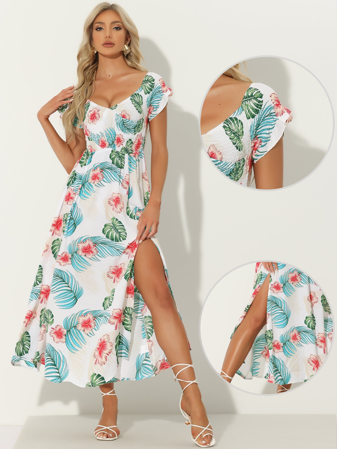 Allegra K Floral Off Shoulder Midi Beach Summer Vacation Dress