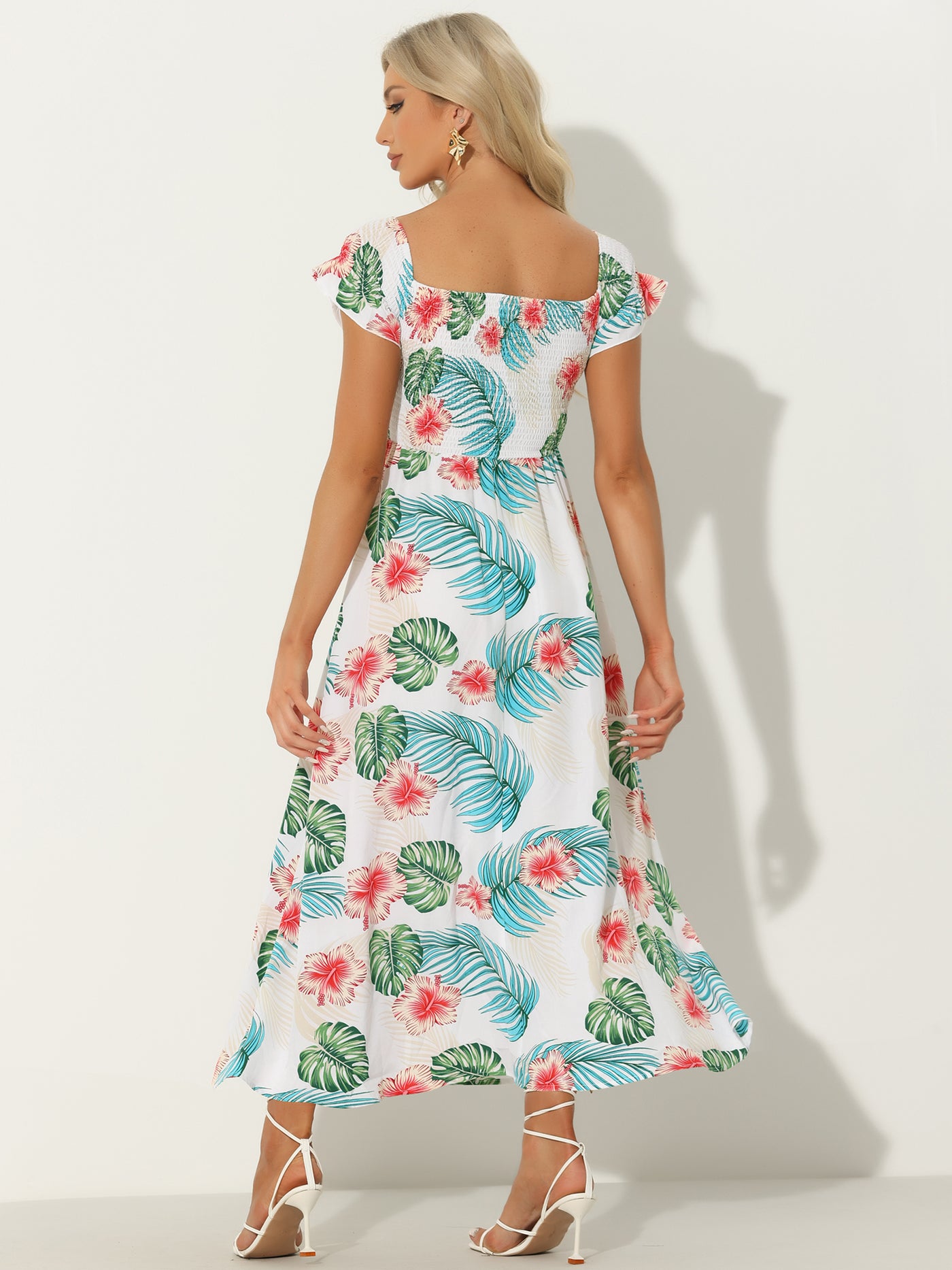 Allegra K Floral Off Shoulder Midi Beach Summer Vacation Dress