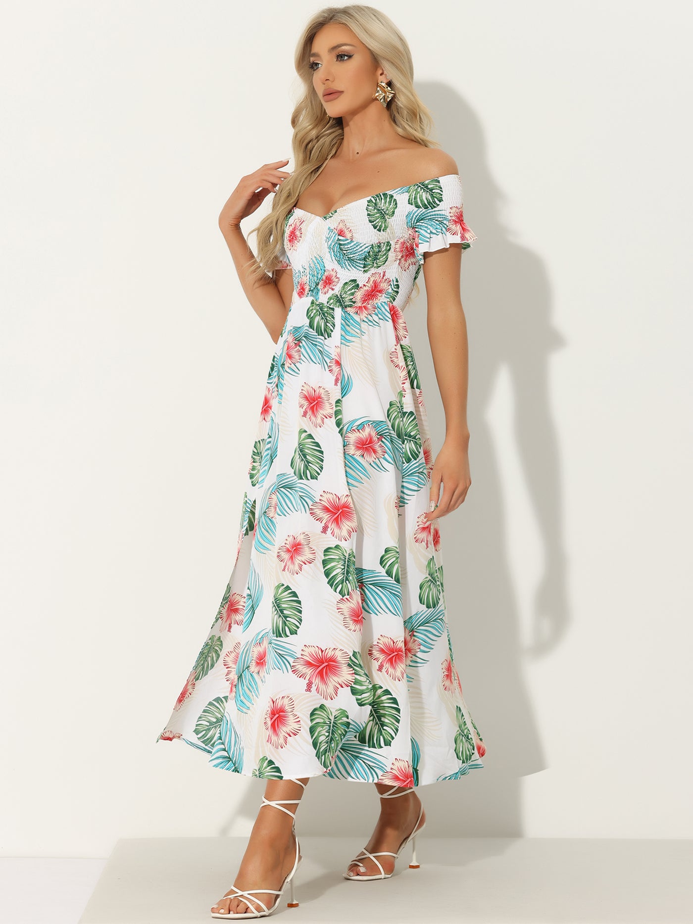 Allegra K Floral Off Shoulder Midi Beach Summer Vacation Dress