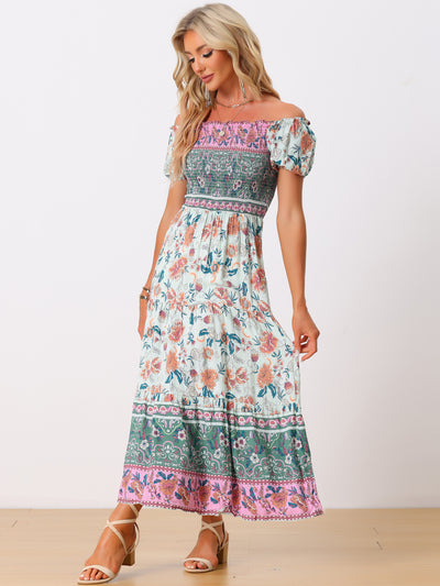 Boho Floral Off Shoulder Puff Sleeves Maxi Smocked Dress