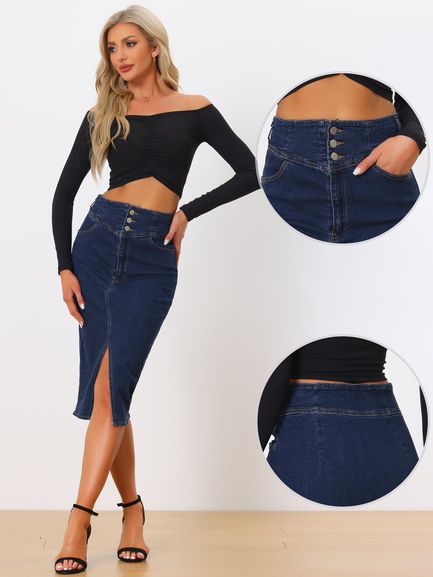 Allegra K Casual Denim High Waist Split Hem Pencil Jean Midi Skirt