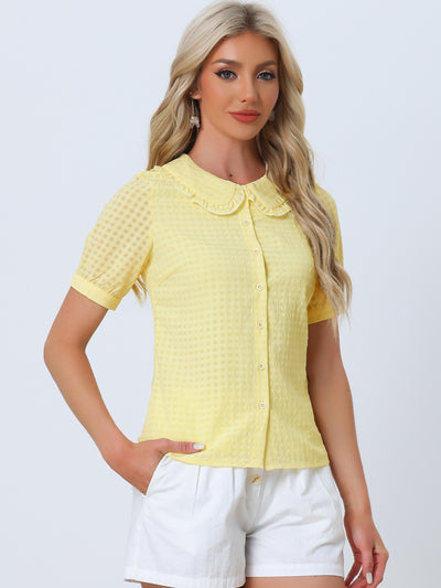 Peter Pan Collar Contrast Color Trim Gingham Button Up Blouse Shirt