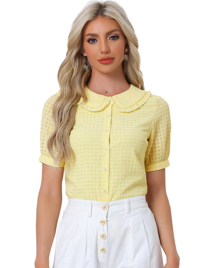 Peter Pan Collar Contrast Color Trim Gingham Button Up Blouse Shirt