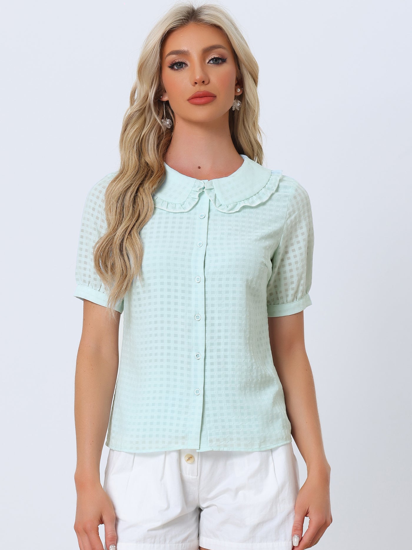 Allegra K Peter Pan Collar Contrast Color Trim Gingham Button Up Blouse Shirt