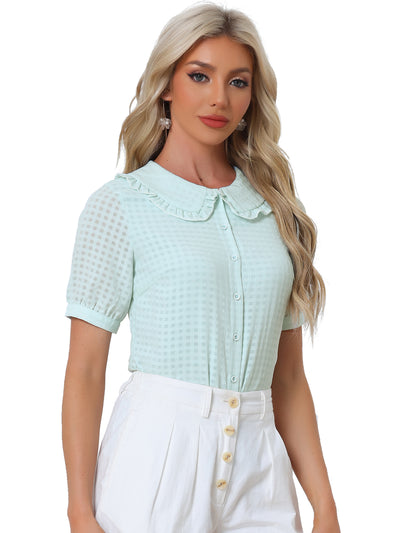 Peter Pan Collar Contrast Color Trim Gingham Button Up Blouse Shirt