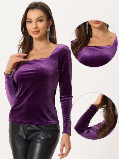 Long Sleeve Velvet Square Neck Casual T-Shirt Blouse