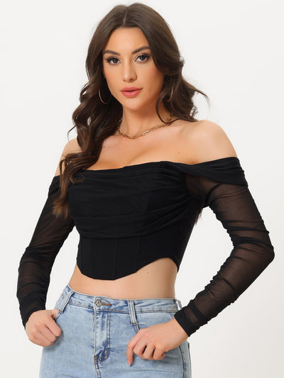 Mesh Sheer Long Sleeve Off Shoulder Party Bustier Crop Top