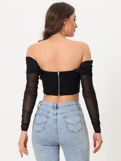 Mesh Sheer Long Sleeve Off Shoulder Party Bustier Crop Top