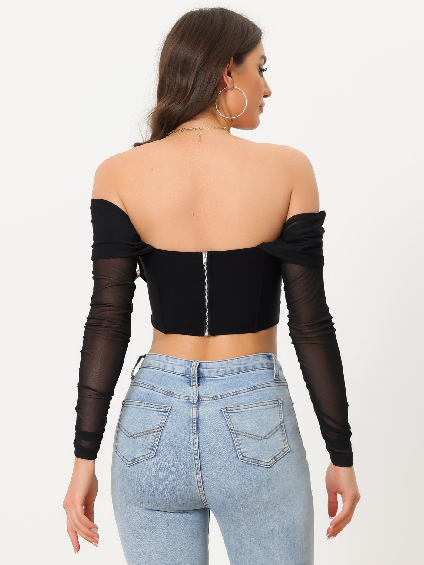 Allegra K Mesh Sheer Long Sleeve Off Shoulder Party Bustier Crop Top