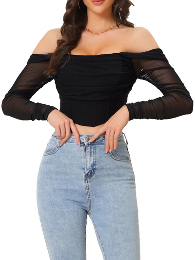 Mesh Sheer Long Sleeve Off Shoulder Party Bustier Crop Top