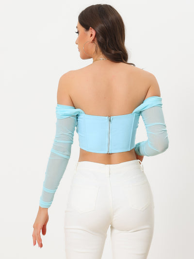 Mesh Sheer Long Sleeve Off Shoulder Party Bustier Crop Top