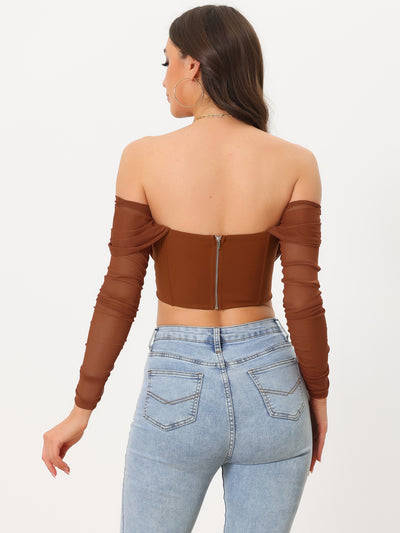 Mesh Sheer Long Sleeve Off Shoulder Party Bustier Crop Top