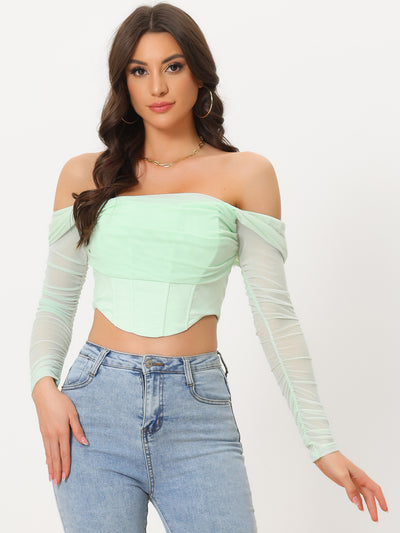 Mesh Sheer Long Sleeve Off Shoulder Party Bustier Crop Top