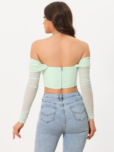 Mesh Sheer Long Sleeve Off Shoulder Party Bustier Crop Top