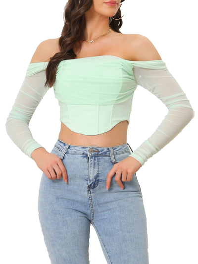 Mesh Sheer Long Sleeve Off Shoulder Party Bustier Crop Top