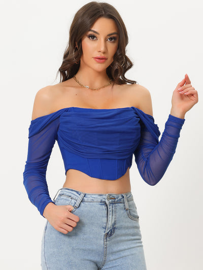 Mesh Sheer Long Sleeve Off Shoulder Party Bustier Crop Top