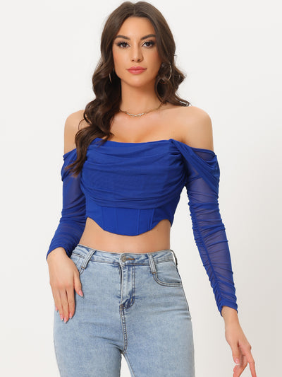 Mesh Sheer Long Sleeve Off Shoulder Party Bustier Crop Top