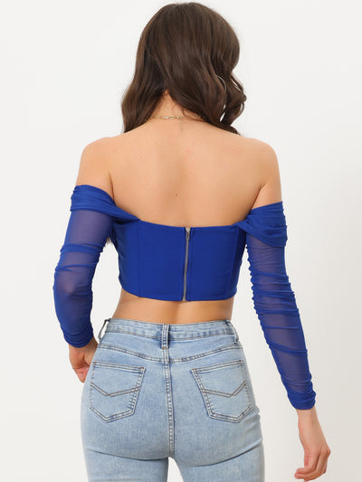 Mesh Sheer Long Sleeve Off Shoulder Party Bustier Crop Top