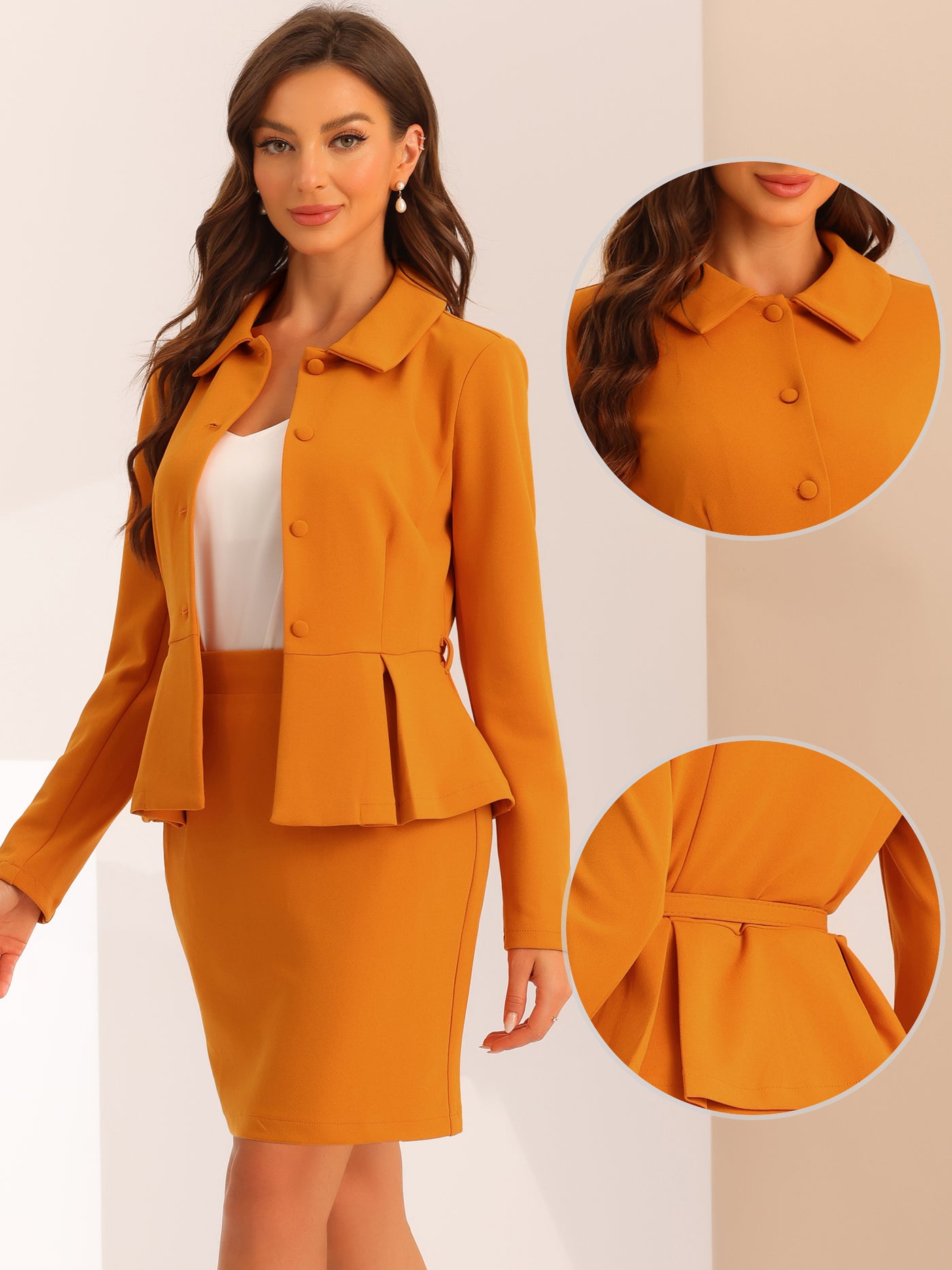 Allegra K 2pc Business Suits Belted Peplum Blazer Jacket and Pencil Skirt Sets