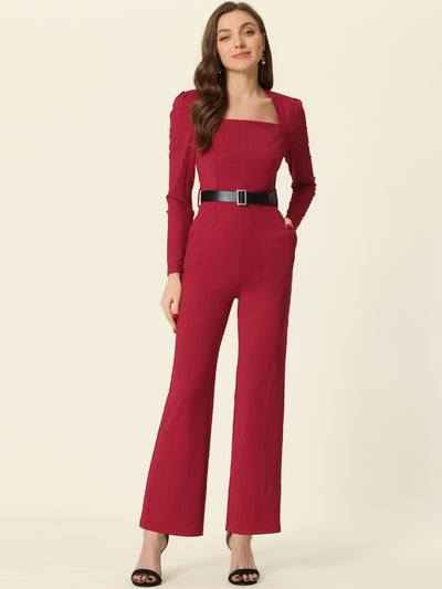 Allegra K Elegant Square Neck Long Sleeve Wide Leg Pants Dressy Jumpsuit