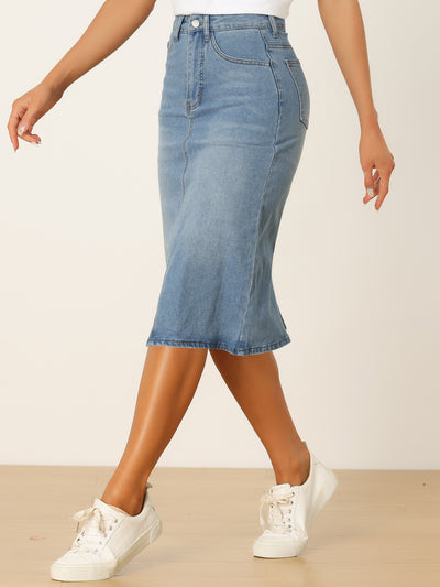 Allegra K Casual Denim High Waist Stretchy Midi Pencil Jean Skirt