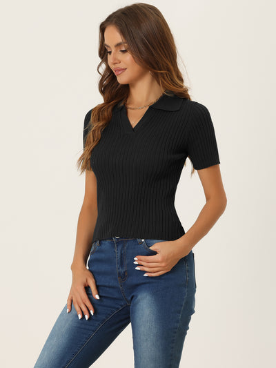 Casual V Neck Shirt Collared Short Sleeve Knitted Polo Tops