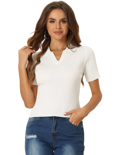 Casual V Neck Shirt Collared Short Sleeve Knitted Polo Tops