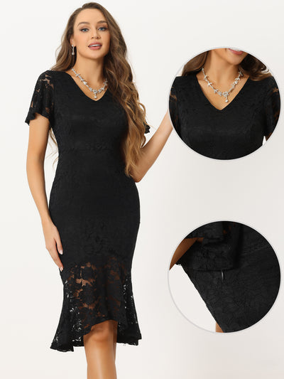 Floral Lace V Neck Ruffle Short Sleeve Cocktail Mermaid Bodycon Dress